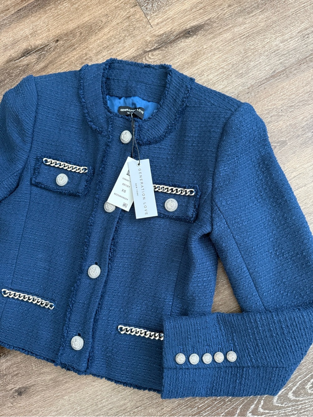 Generation Love Navy Blue Tweed Chain Jacket XS NWT Silver Buttons Cropped Blaze